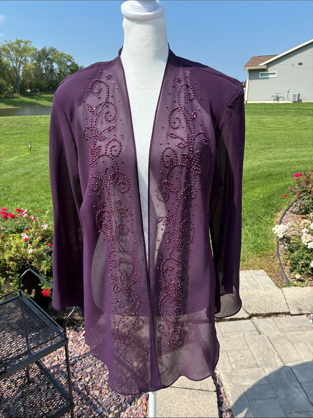 R&M Richards Beaded Open-Front Jacket in Deep Plum